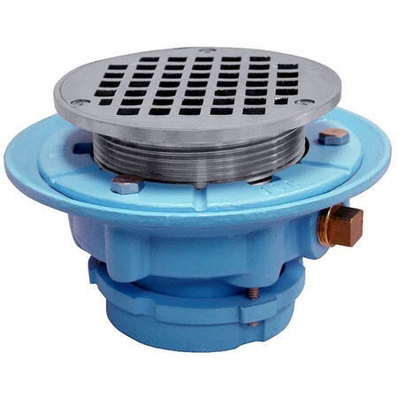 Jones Stephens 2in No Caulk Mechanical Joint Code Blue Floor Drain, 7in Pan, 6in Chrome Plated Round Strainer D65505